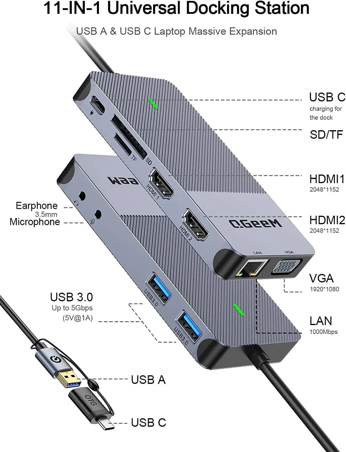 QGeeM USB 3.0 Docking Station, - Laptop Accessories Hub recension och pris
